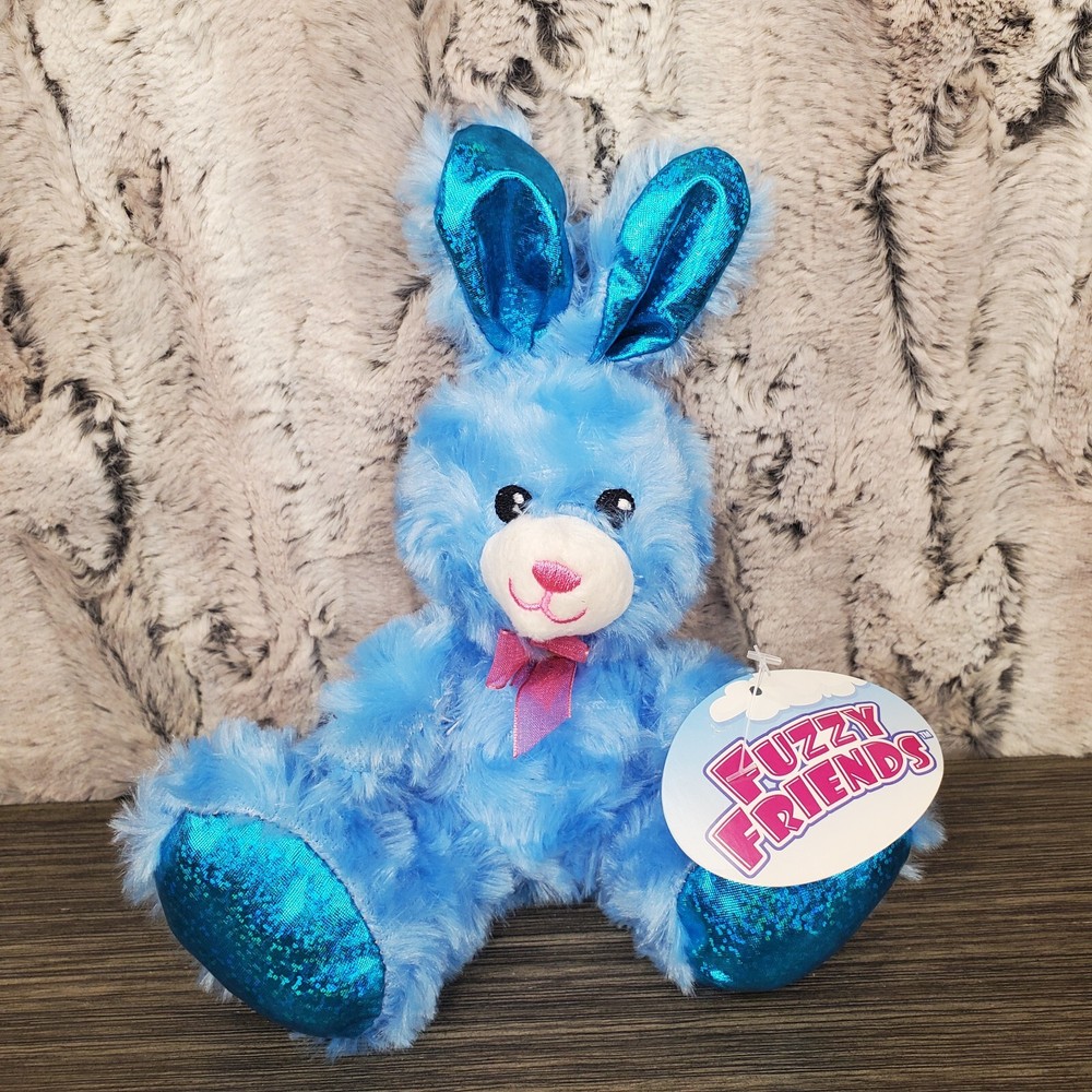Fuzzy Friends Blue Bunny Rabbit Easter Spring Plush Metallic Shiney Feet Ears