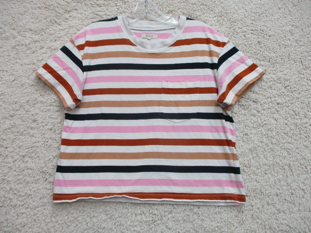 Madewell Womens Large Cropped Striped Shirt with Pocket in White and Pink