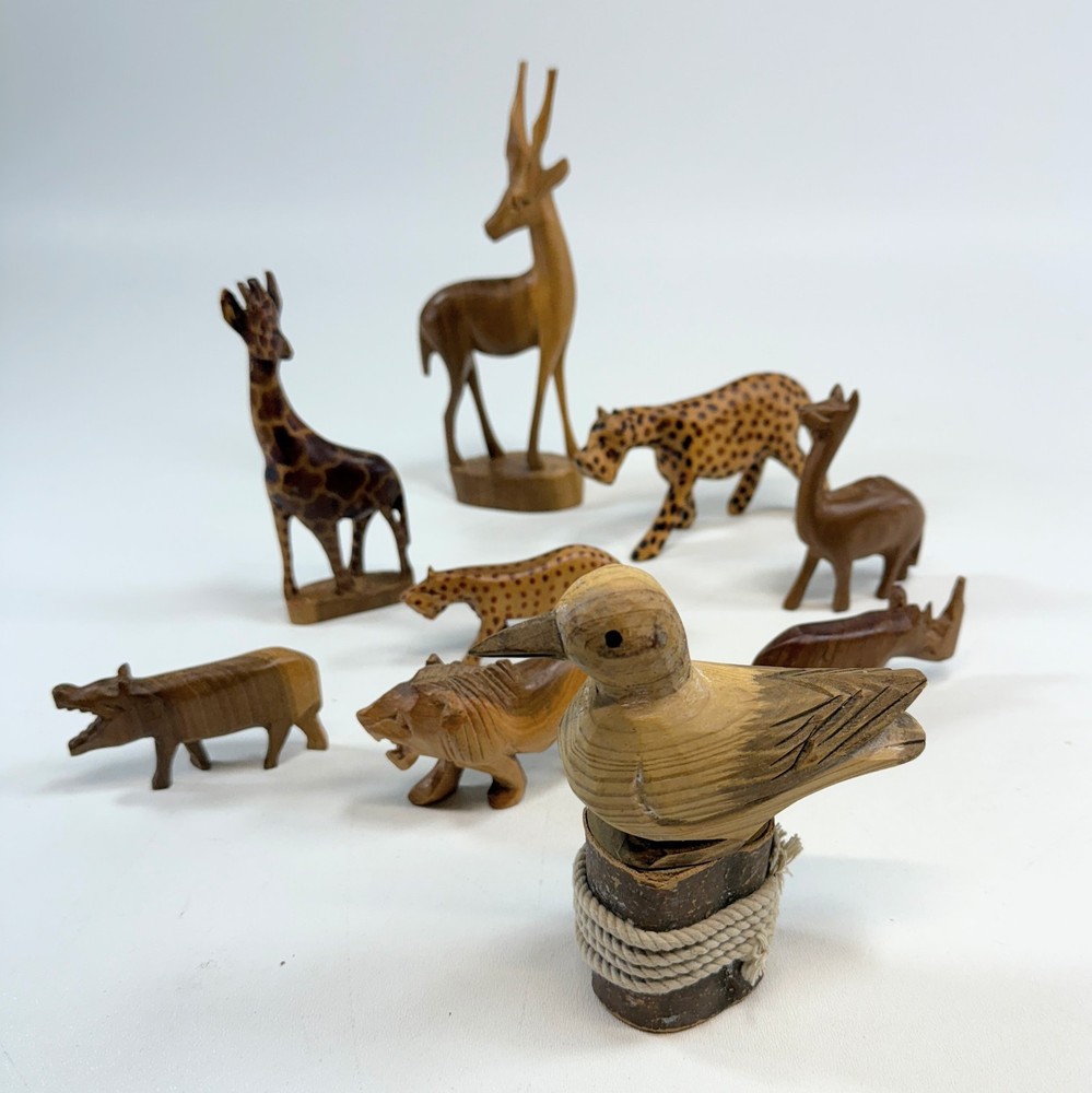 VTG Hand carved Wood African Jungle Safari Zoo Animals Lot Of 9 Miniature