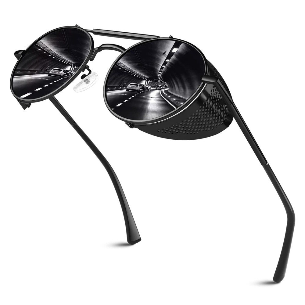 Round Polarized Steampunk Sunglasses Men Women Crowley Side Shield Goggles Go...