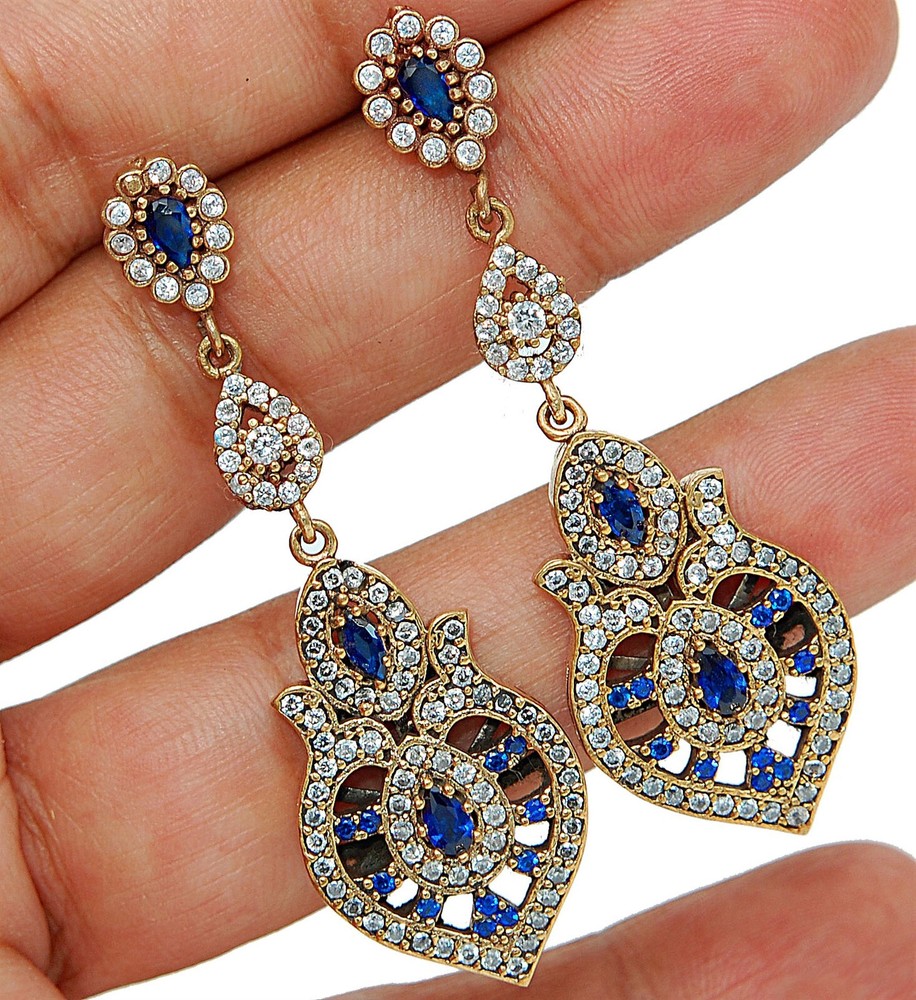 Ottoman Empire Style 10CT Treated Sapphire Sterling Silver Earrings TE1504  