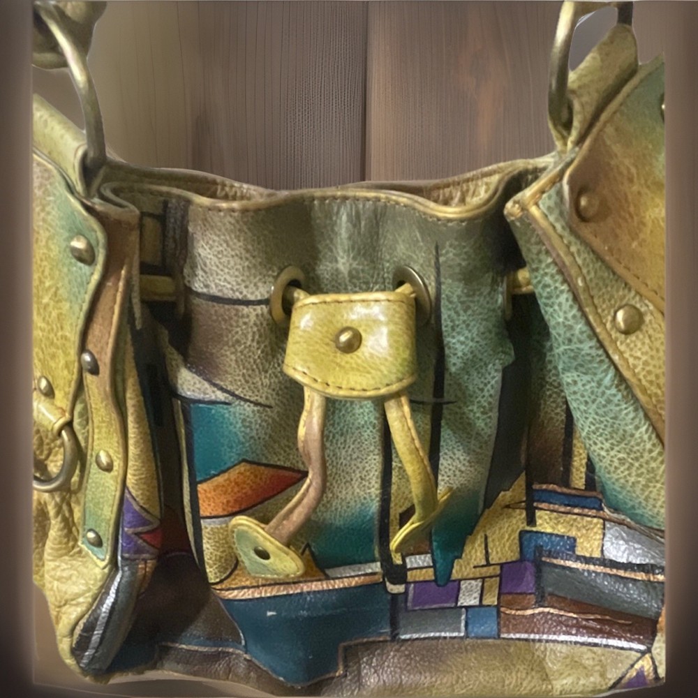 Hand-Painted  Anuschka HOBO Bag With Abstract Design Tan Green Colors