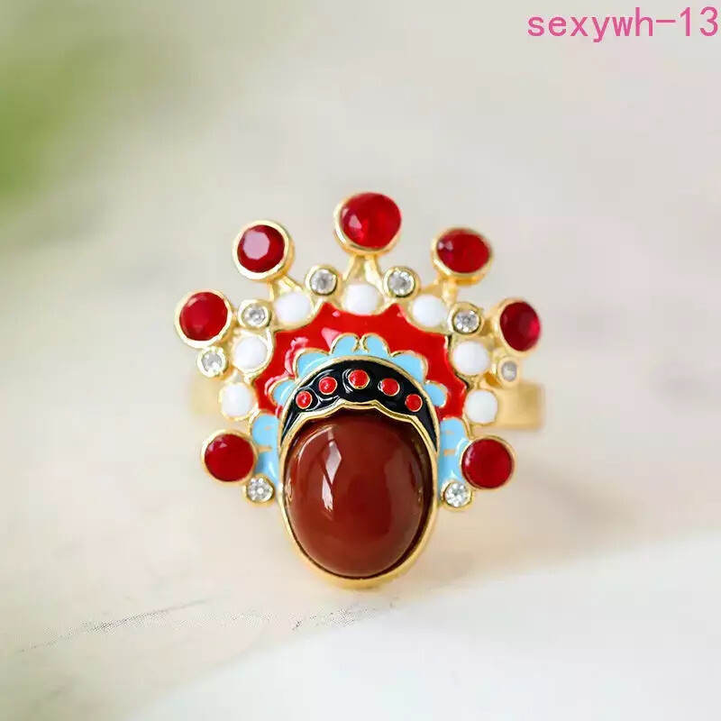 Gold Plated Southern Red Agate Cloisonne Beijing Opera Famous Open Ring