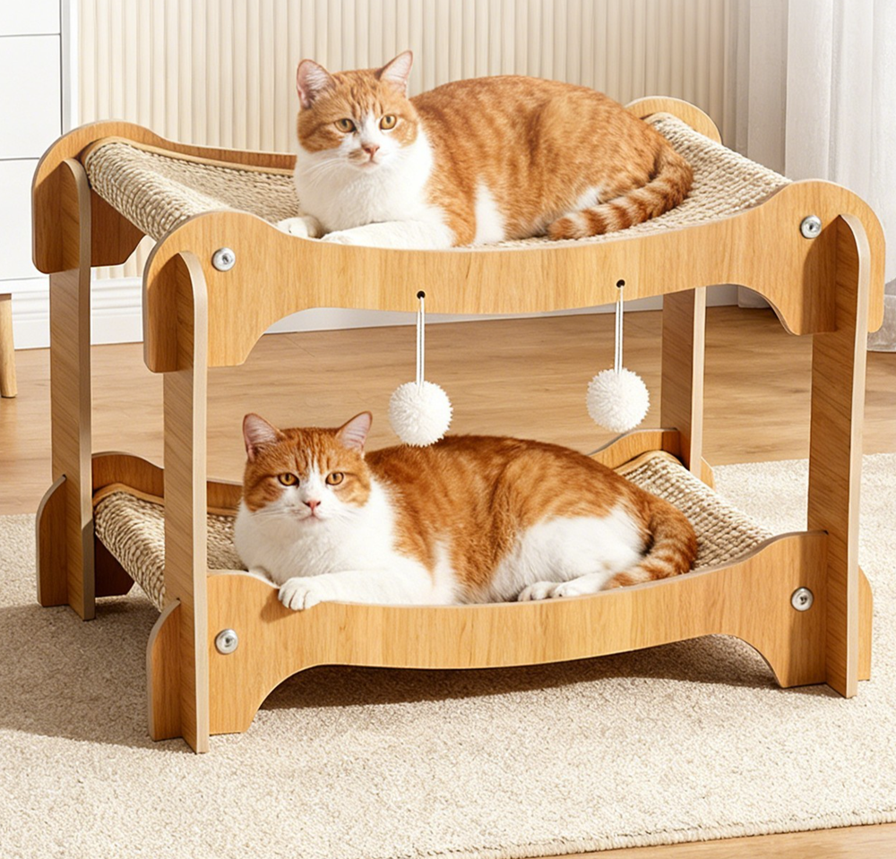 Double-deck Sisal Cat Scratcher Toy with Ball Wooden Cats Pad for Indoor