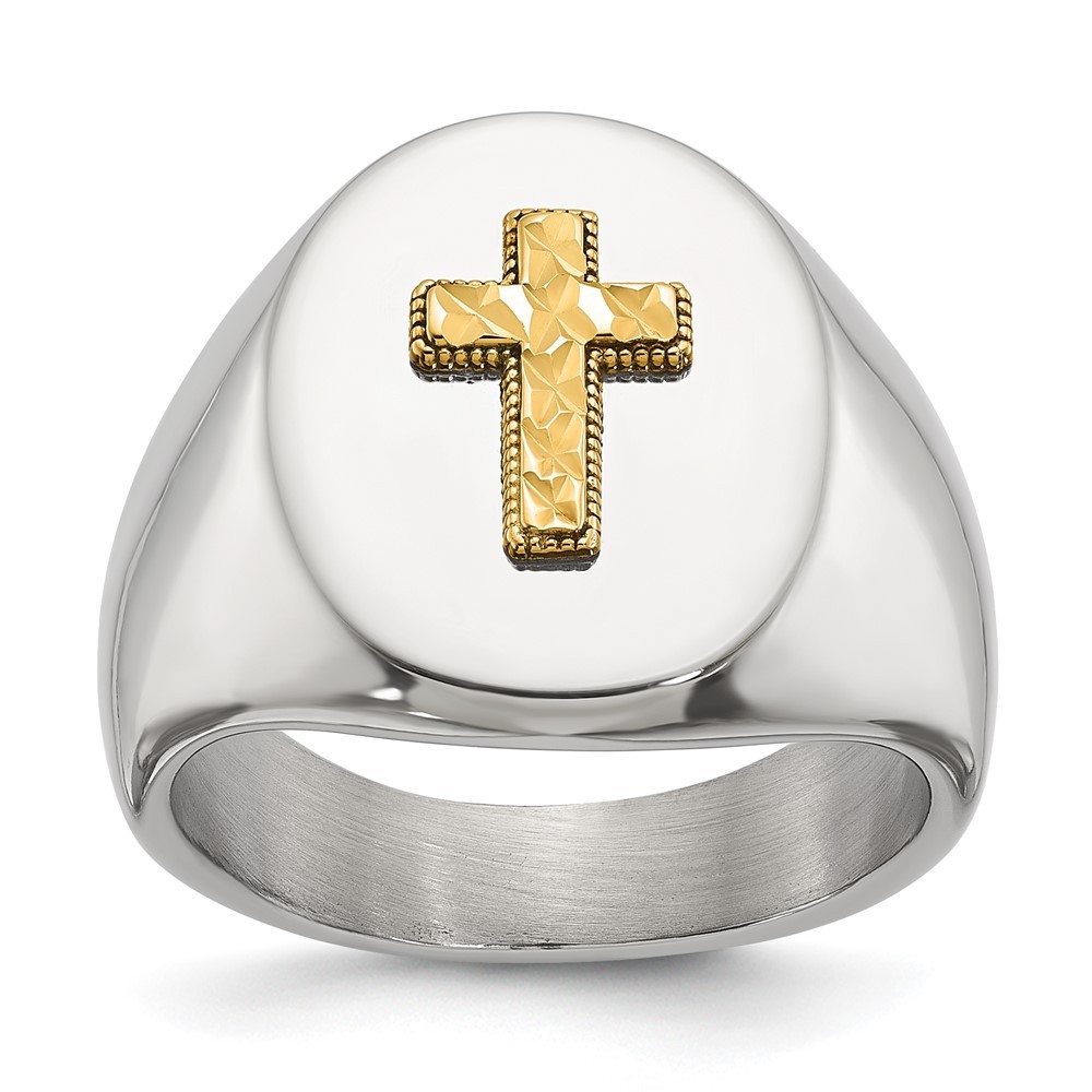 Stainless Steel with Diamond-cut 14K Gold Accent Cross Oval Signet Ring Size 11