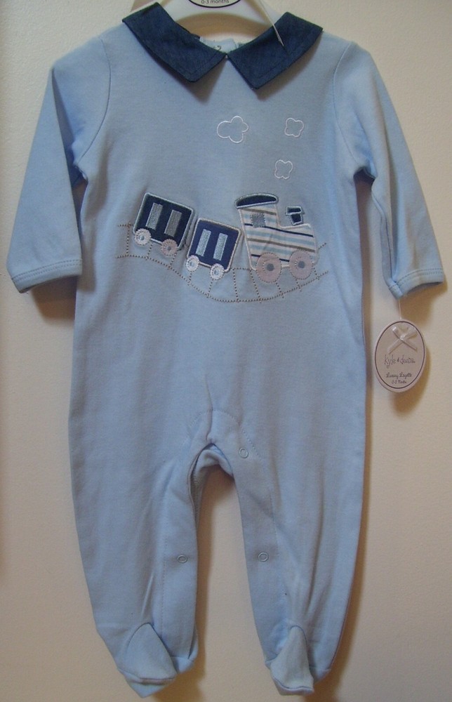 Kyle & Deena Blue Train Luxury Layette Footed Coverall Outfit 0-3M or 3-6M  