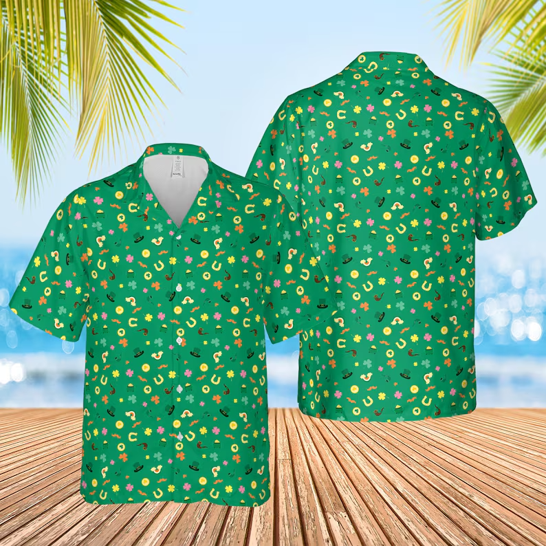St Patricks Day Hawaiian Button Up Lucky Irish Green Clover Men's Summer
