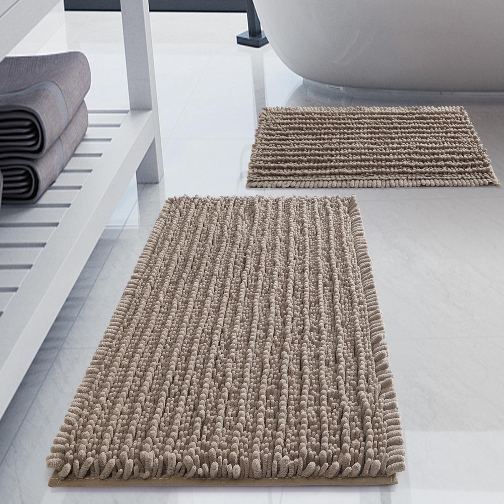 Luxury Chenille Taupe Bathroom Rugs Sets 2 Piece, Thickened Hot Melt Rubber B...