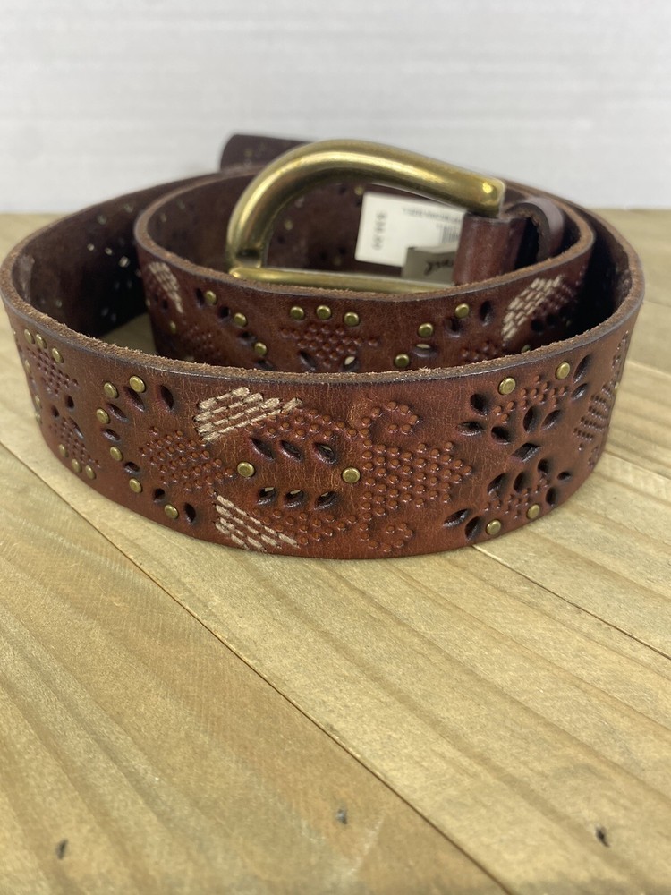 Fossil Belt Large Brown Gold Buckle Leather New