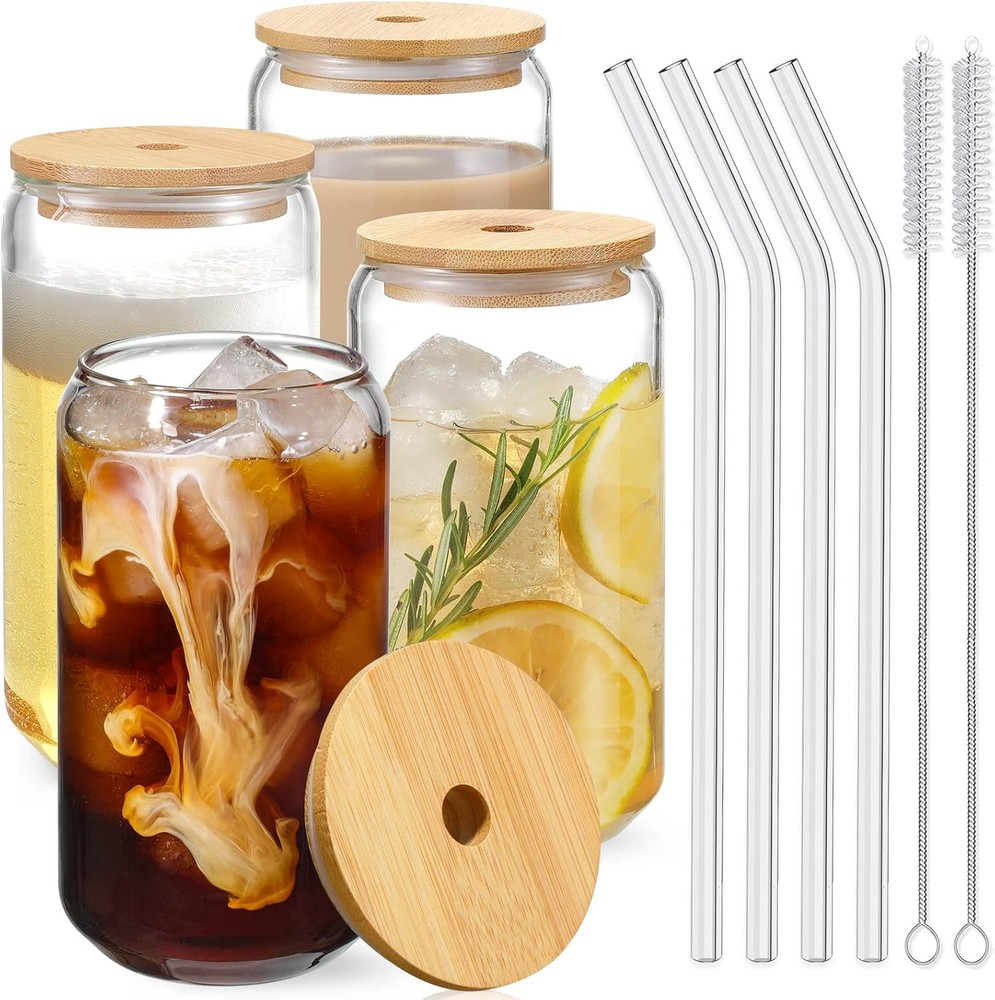 Bamboo Lid Drinking Glasses with Glass Straw 14-Piece Set in Clear 4pcs