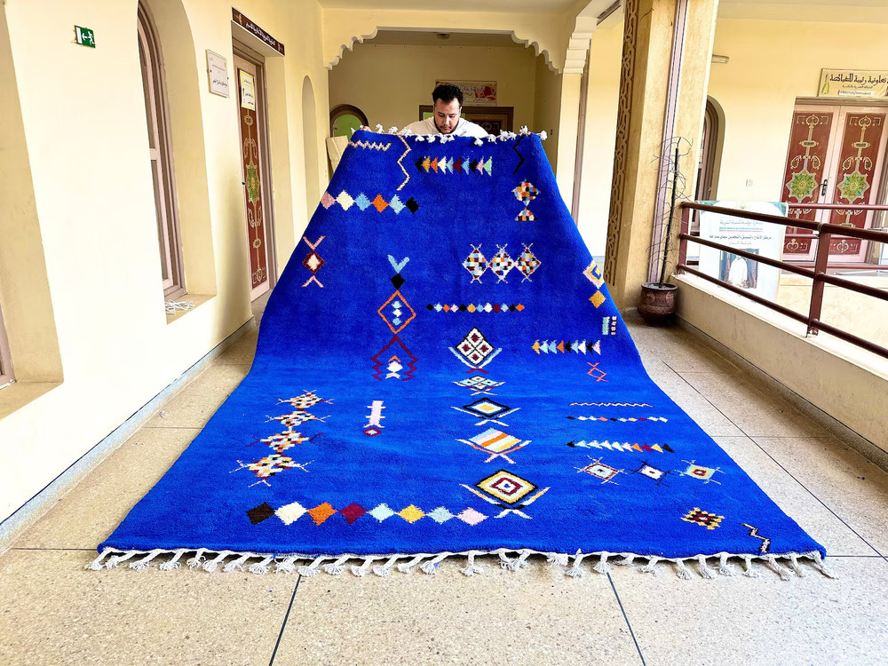 Moroccan Beni Ourain Berber Wool Rug Color Blue Multi Handmade Area Carpet Rug