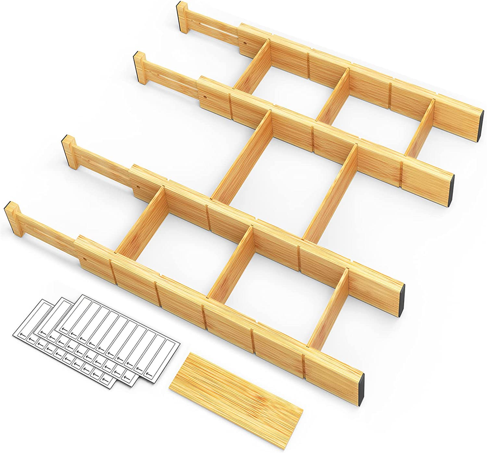 Bamboo Drawer Dividers with Inserts and Labels, Kitchen Adjustable Drawer Organi