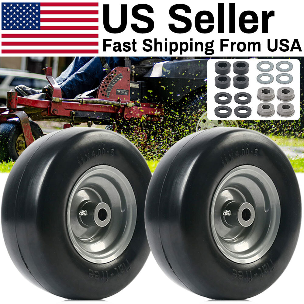 2Pcs 11x4.00-5''Inch Lawn Mower Tire on Wheel Flat Free Smooth Tread Tire Zero
