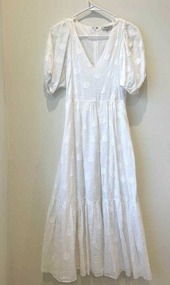 MADEWELL White Dot Jacquard Puff-Sleeve Tiered Midi Dress XXS