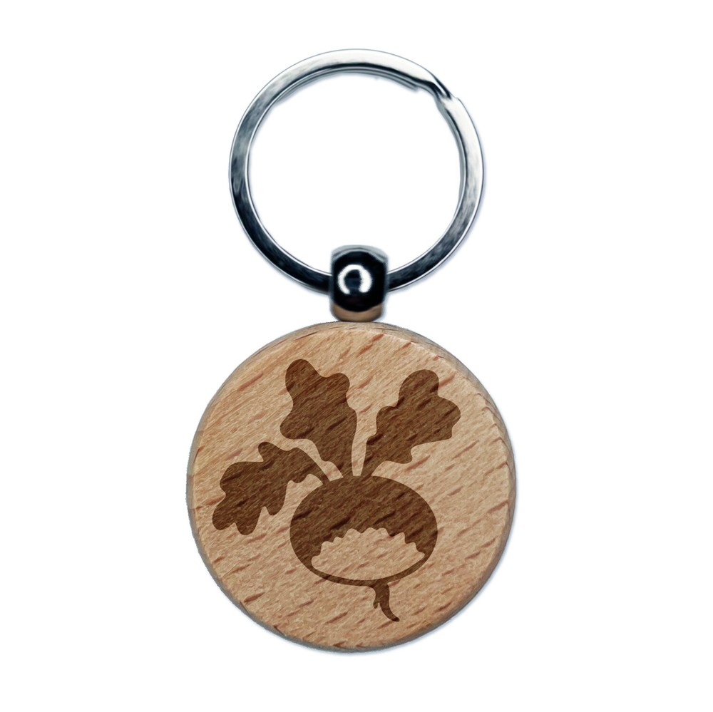 Llavero redondo de madera grabada de rábano huerto de jardín con etiqueta