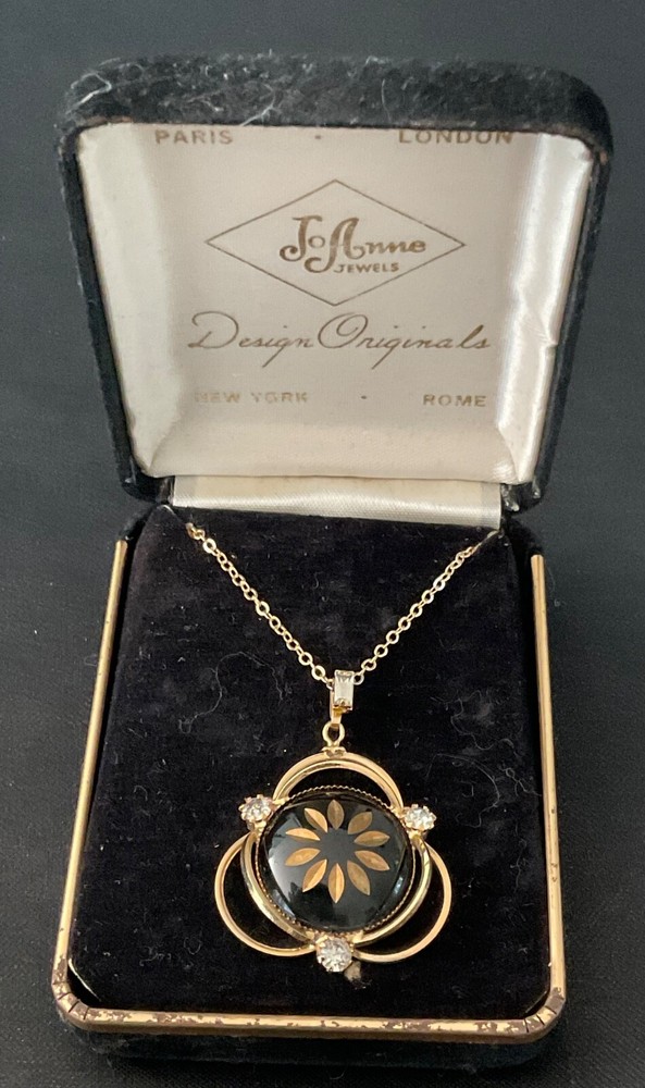 Vintage JoAnne Jewels Art Deco Goldtone Diamondfire Pendant Necklace with Original Box