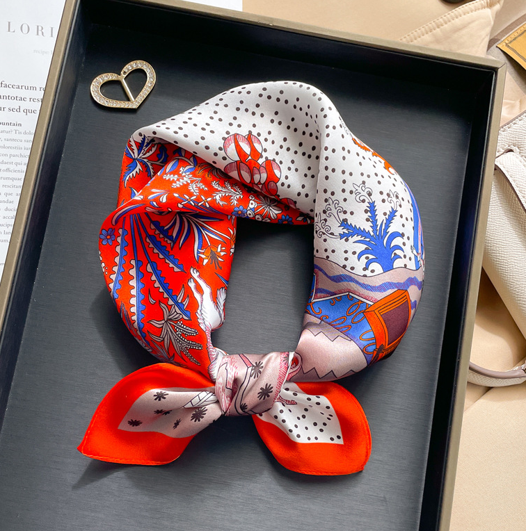 100% Mulberry Silk Scarf 53x53cm Floral Square Bandana Wrap for Women in Red