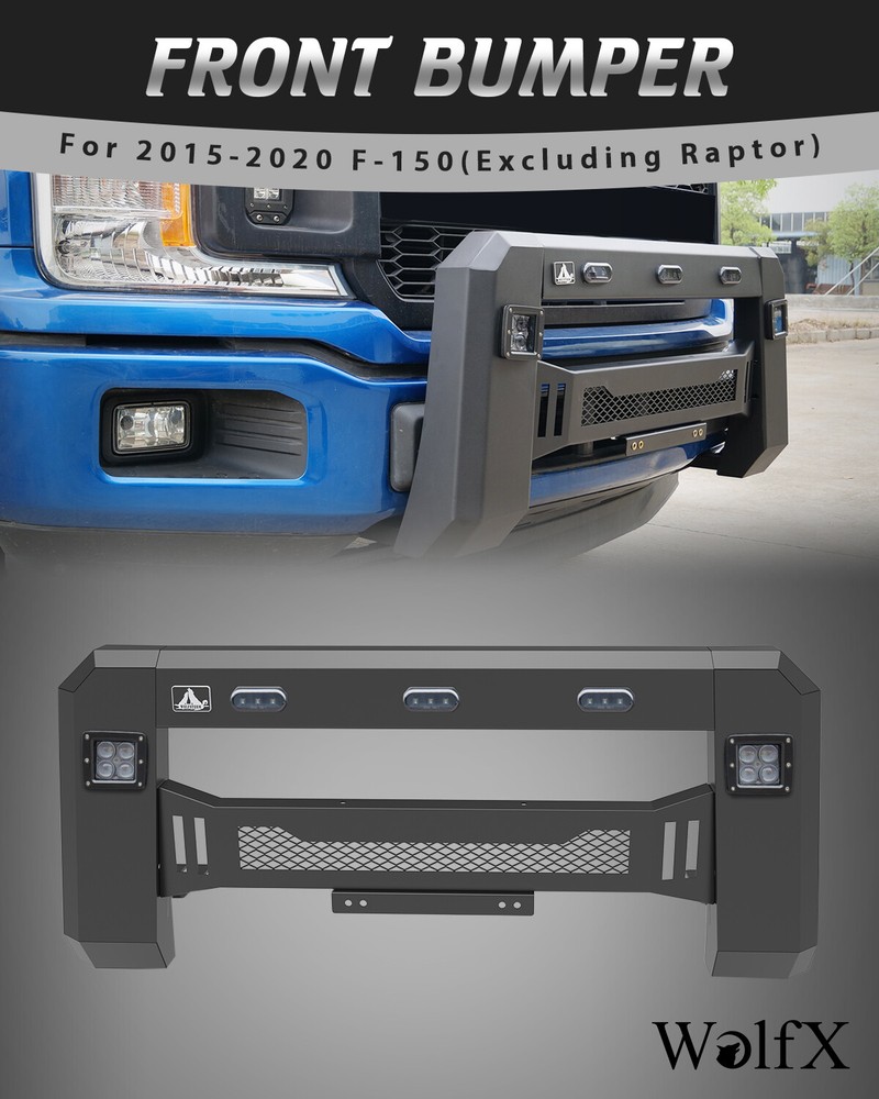 Black Textured Steel Front Bumper Grille Guard Fit 2015-2020 Ford F-150 F150 LED