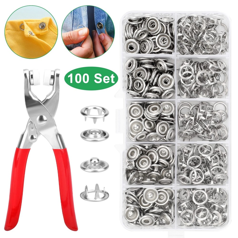 100pcs Prong Pliers Ring Press Studs Snap Popper Fasteners Sewing DIY Tool Kit