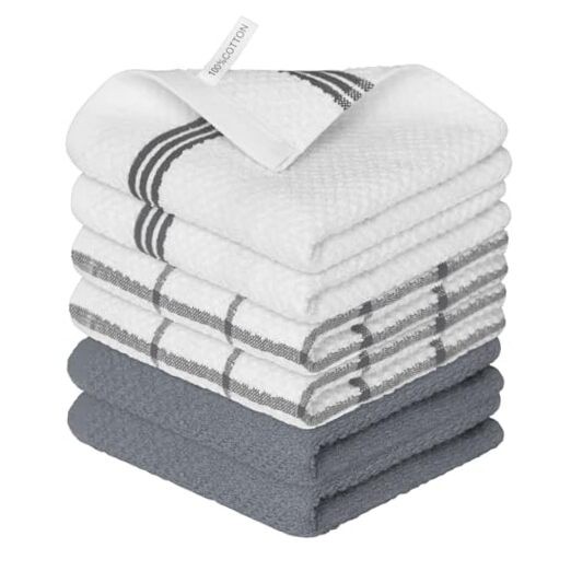 Soft Ring-Spun Cotton Dish Towels, 12x12 Inch, 6-Pack Grey