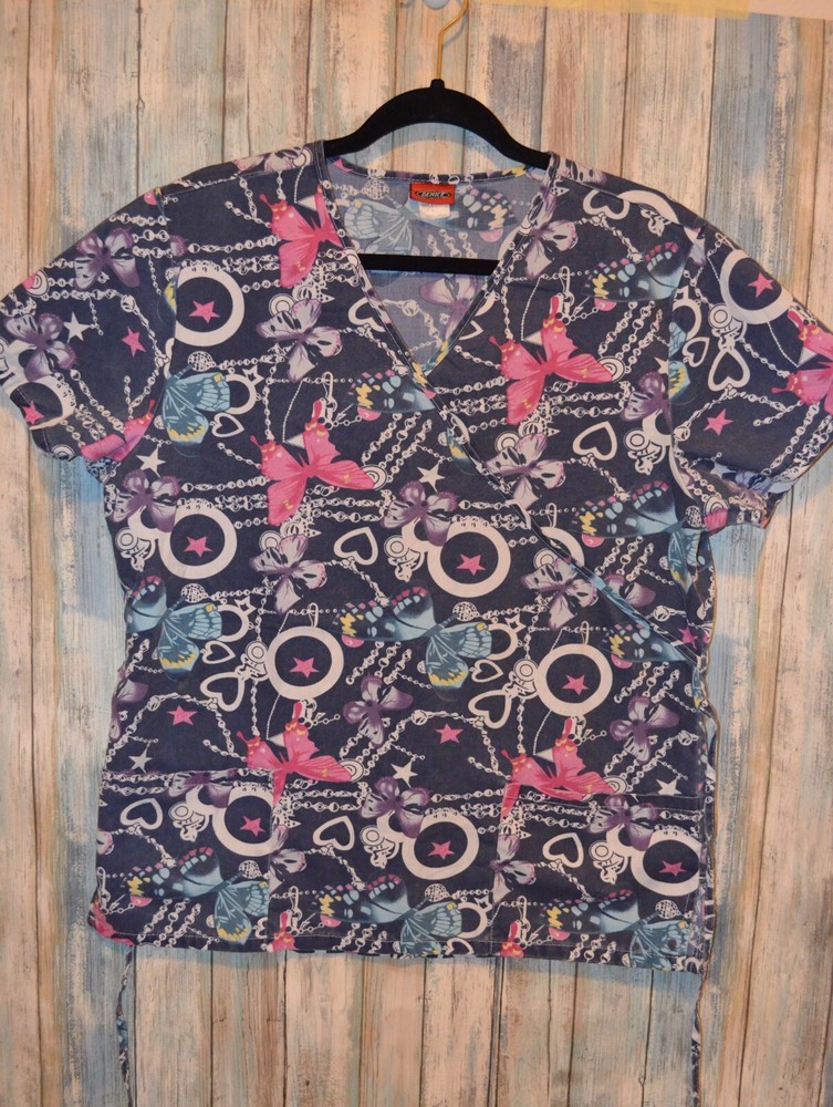 Denice Scrub Top Women's Medium Navy Blue Butterflies Tie Back