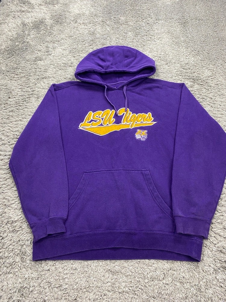 Vtg LSU Tigers Hoodie Men Large Purple Fleece NCAA Pullover Sweatshirt Sweater