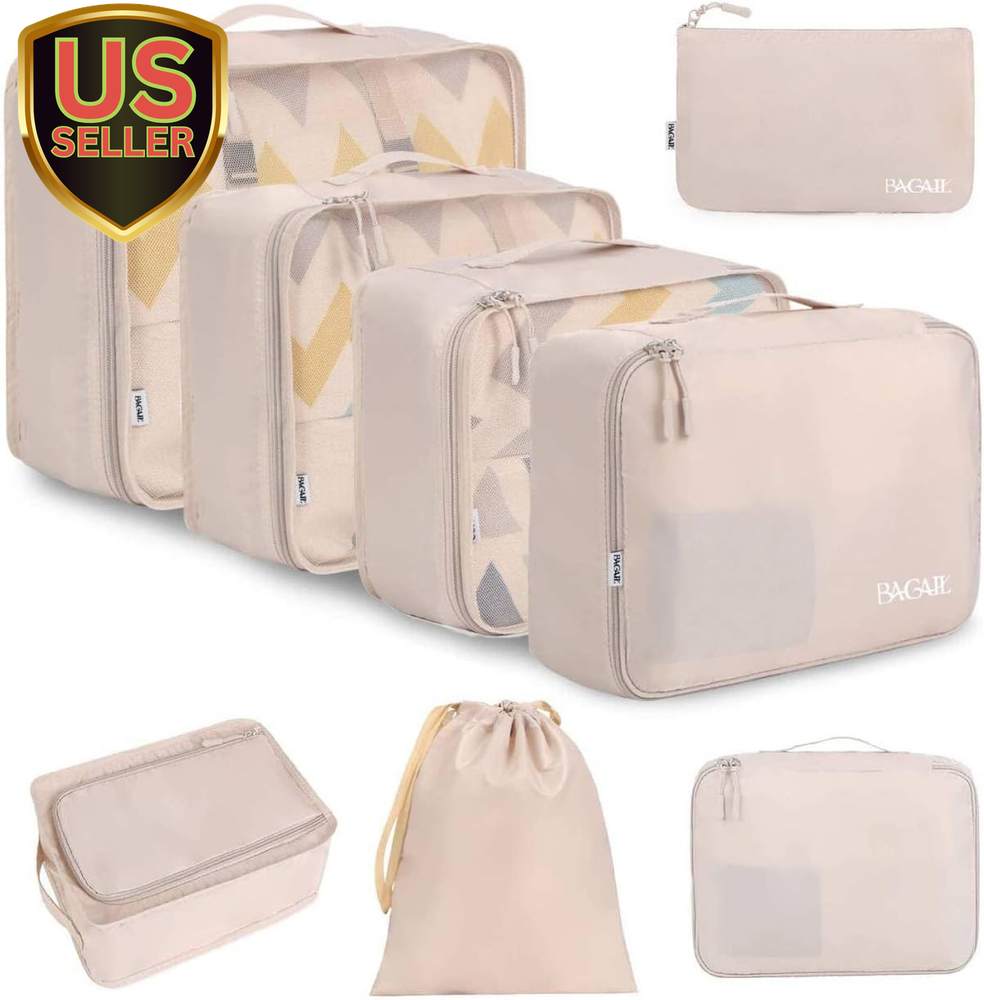 8 Set Cream Packing Cubes for Luggage Organization & Travel Accessories