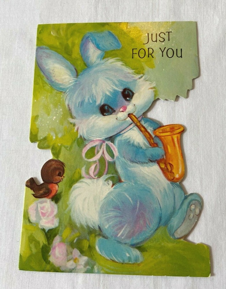 Vintage Used 70s Laurel Die Cut Easter Greeting Card Bunny Playing Saxophone