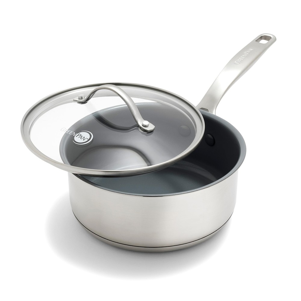 GreenPan Stainless Steel Treviso 2.1QT Saucepan with Lid, Healthy Ceramic Non...