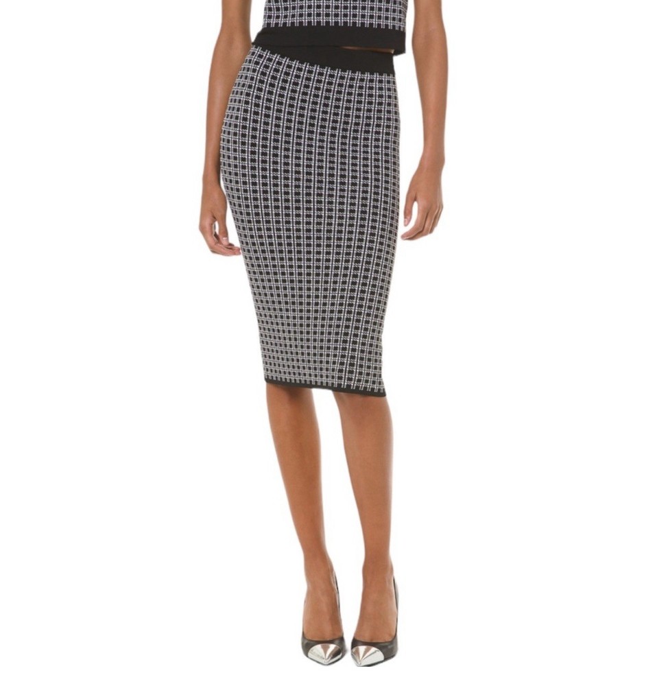 Michael Michael Kors Black & White Check Viscose & Nylon Knit Midi Tube Skirt