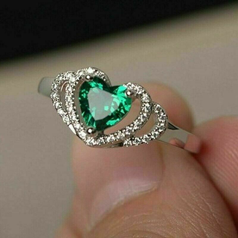 2Ct Heart Cut Simulated Green Emerald Diamond Engagement 14K White Gold Plated