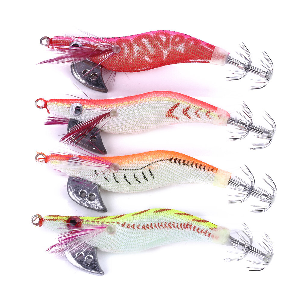 4PCS Shrimp Lures Octopus Squid Jigs Fishing Tackle 8cm 7.5g Hook Bait