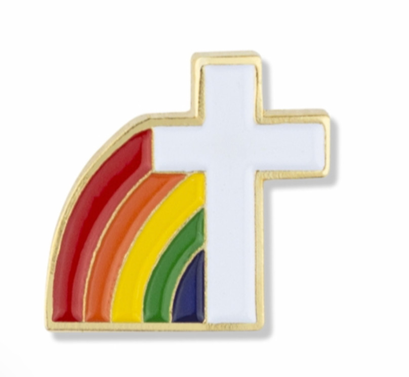 gold enameled cross and rainbow lapel pin