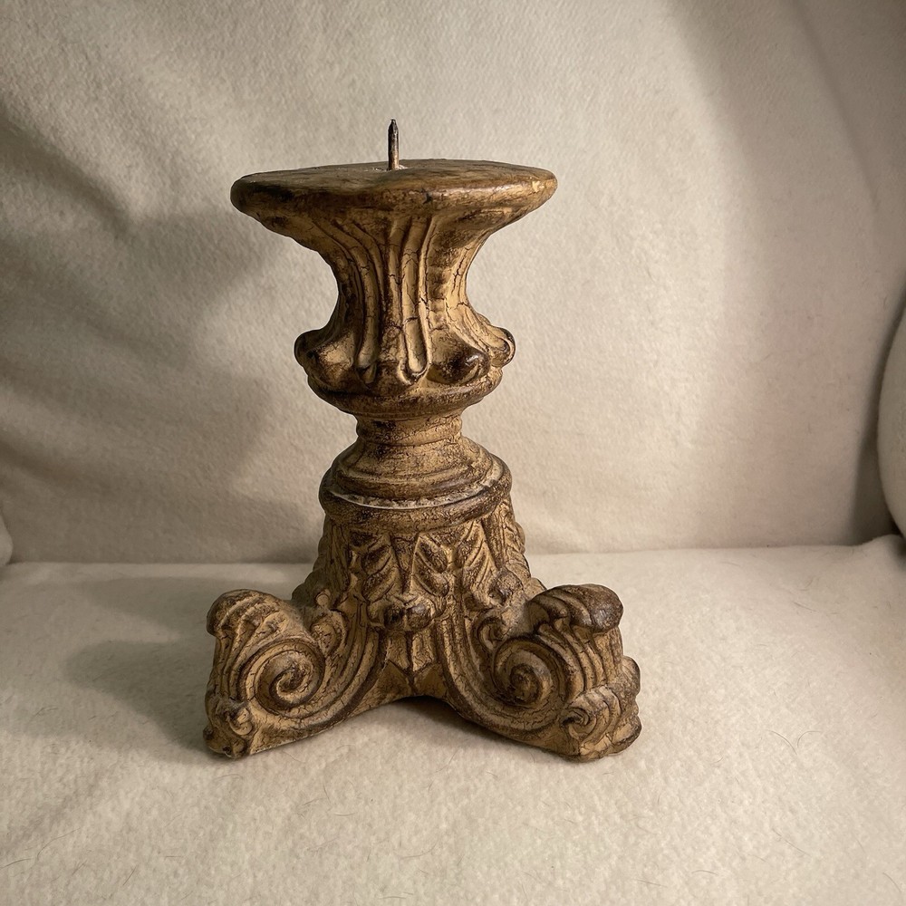 Vintage Chalkware Pedestal Candle Holder with Floral Design  