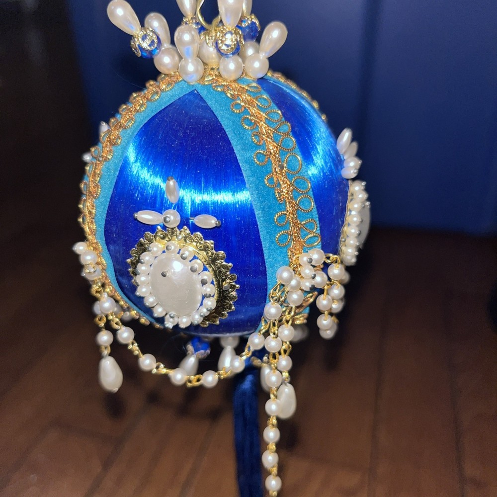 Vintage Distasio Blue Satin Pearl Beaded Push Pin Christmas Ornament 3.5 Inch Mint Condition