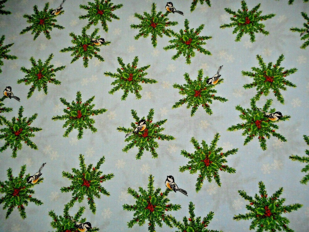 Christmas Fabric 1 Yard Pine Birds Berries Snowflakes Lt Blue Cotton #18 Vtg #C