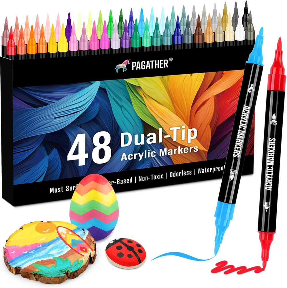 48 Colors Acrylic Paint Markers, Dual Tip with Fine Tip and Brush Tip Pens for S