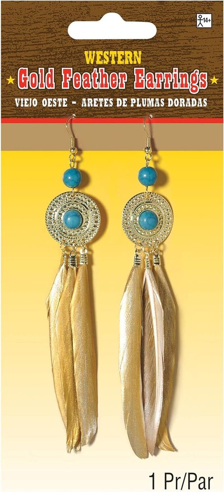 Western Gold Feather Earrings Native American Indian Halloween Costume Accessory