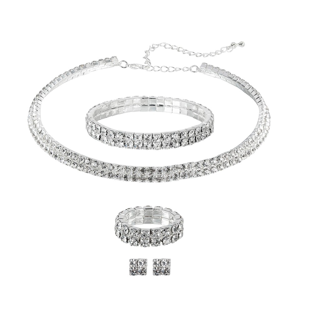 2-5 Row Crystal Rhinestone Choker Necklace Earrings Bracelet Ring Jewelry Set...