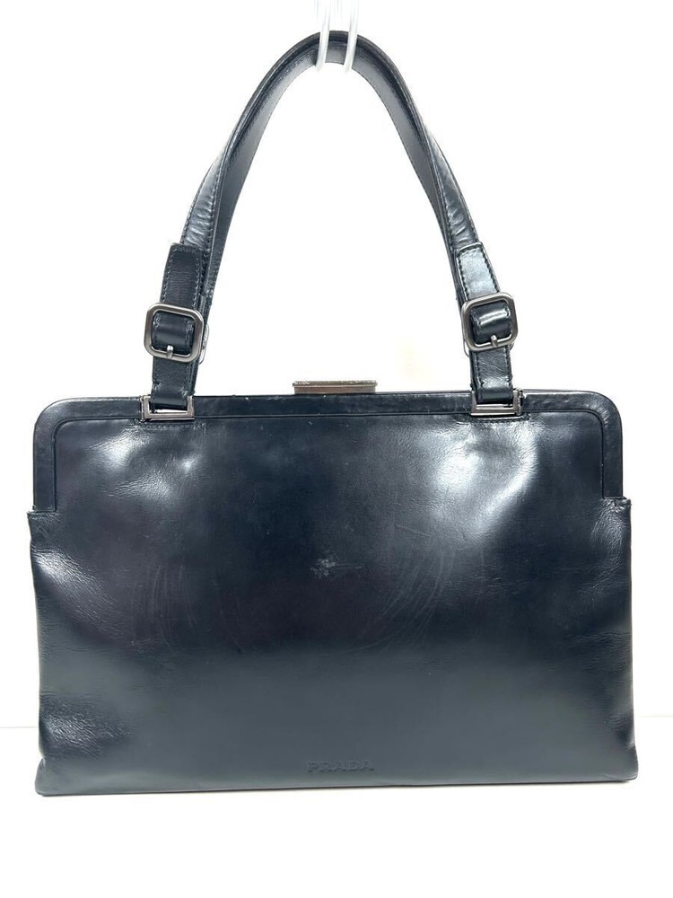 Vintage Prada Leather Handbag Black Clasp Rare Genuine Leather Embossed Logo JP