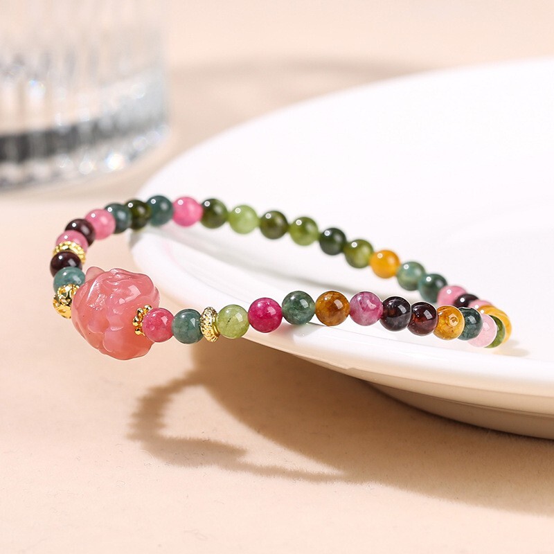 4mm Colorful Tourmaline Salt Agate Nine-Tailed Fox Charm Bracelet