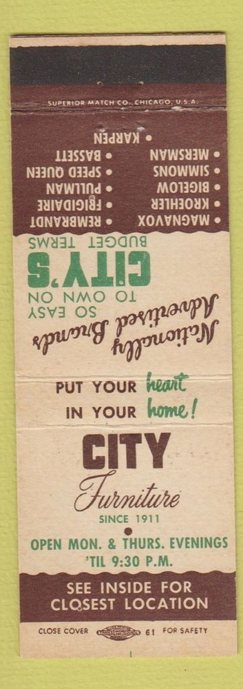 Vintage Matchbook Cover - City Furniture Chicago IL Featuring Frigidaire Simmons Kroehler Bassett