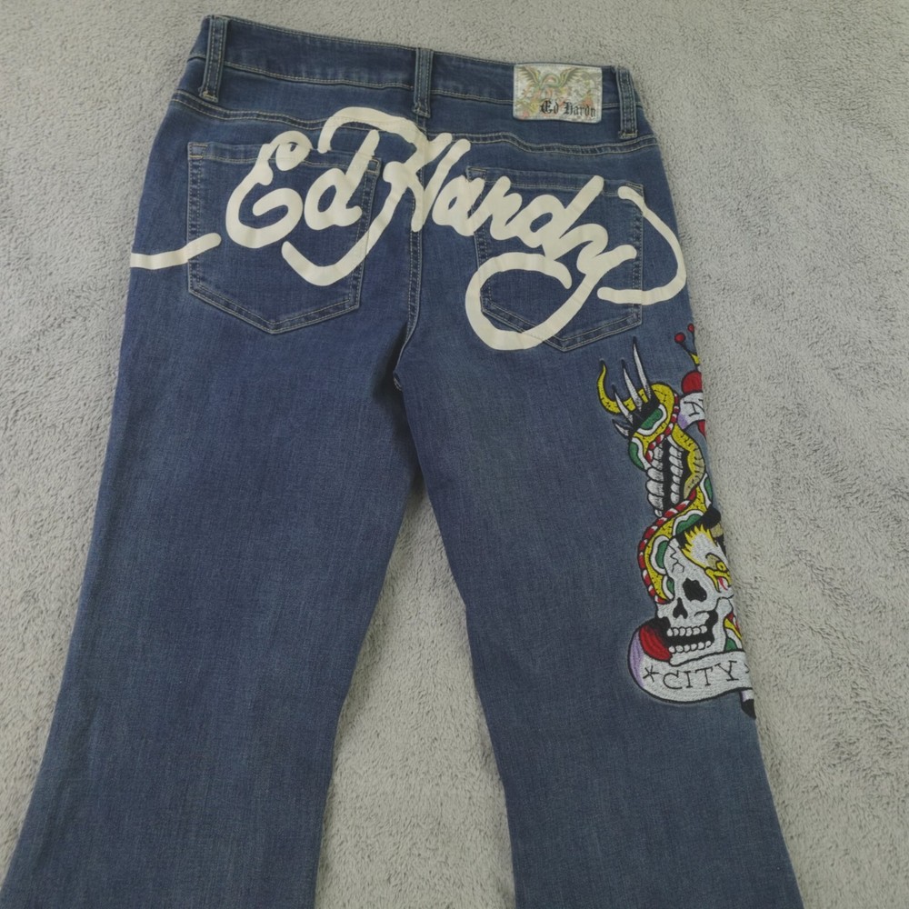 Ed Hardy Jeans Womens 28 Embroidered Spell Out Y2K Flare New York City NYC