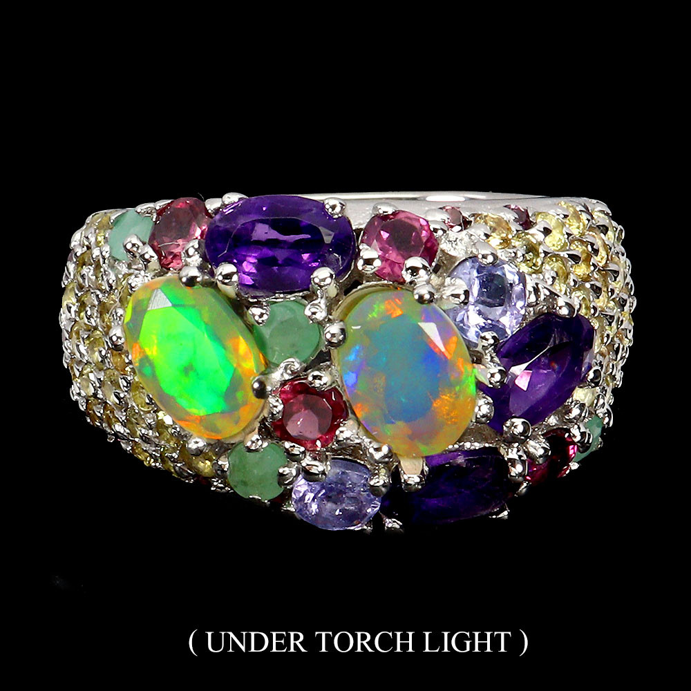 925 Sterling Silver Ring with Oval Fire Opal Amethyst Emerald Gemstone Jewelry in Various Sizes