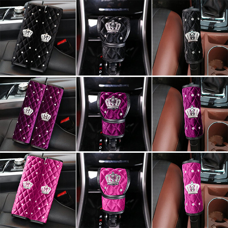 Car Bling Crystal Velvet Interior Trim Diamond Crown Handbrake Gear Cover Decor