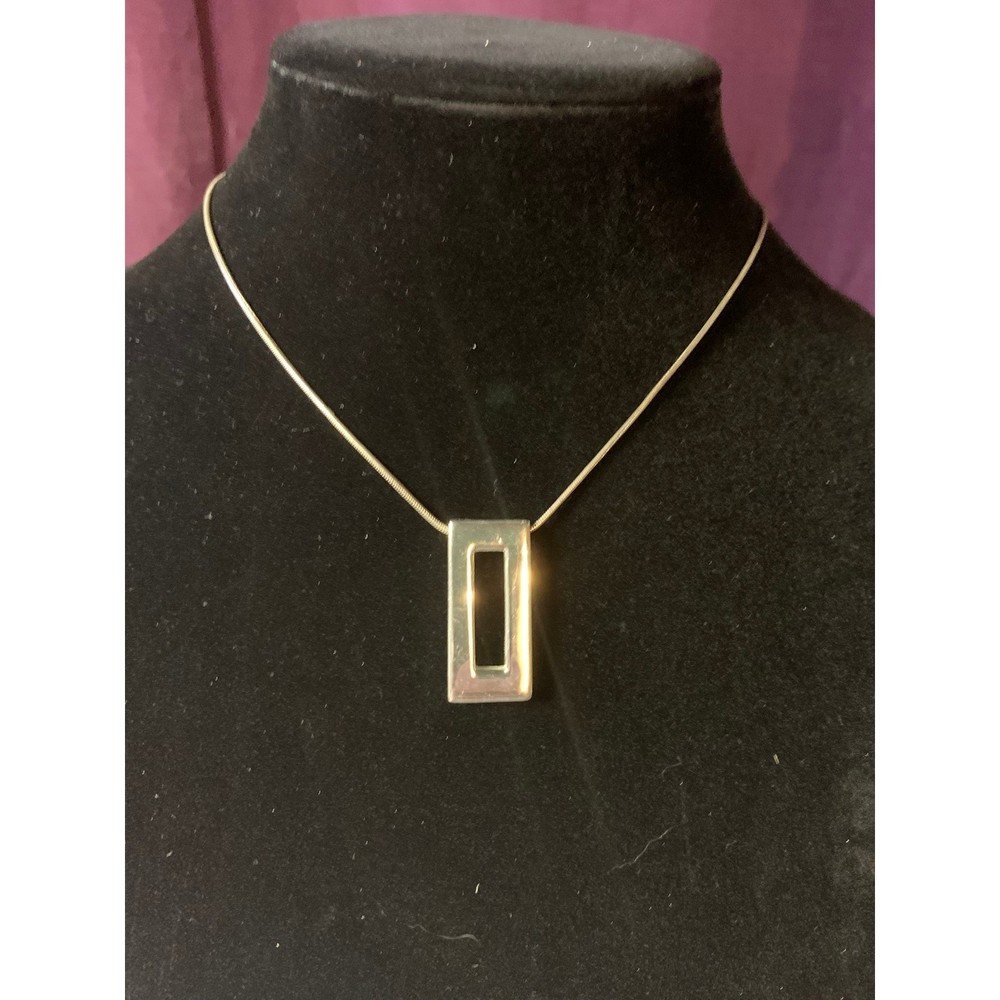 Modern Rectangular Pendant Necklace Silver Tone Snake Chain Minimalist Jewelry