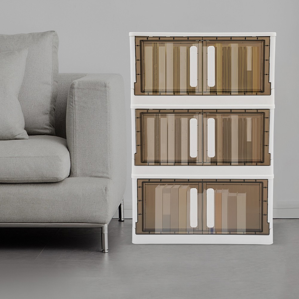 Stackable 3-Bin Storage Cabinet with Lids and 4 Wheels