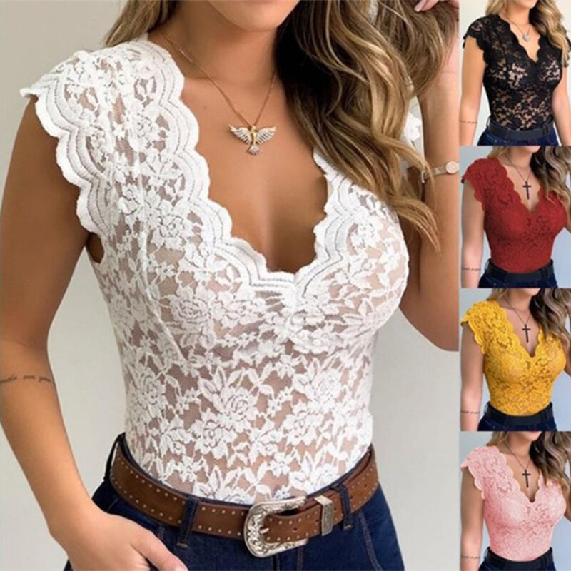 Womens Lace Tee Tops V-neck Camisole Vest T Shirts Lace Fashion Slim Tops Tank
