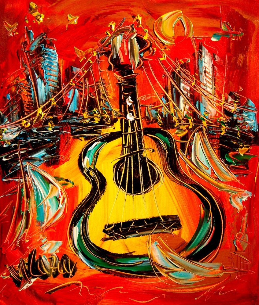 GUITAR    Original Oil Painting canvas IMPRESSIONIST   KAZAV YNU8O7TT