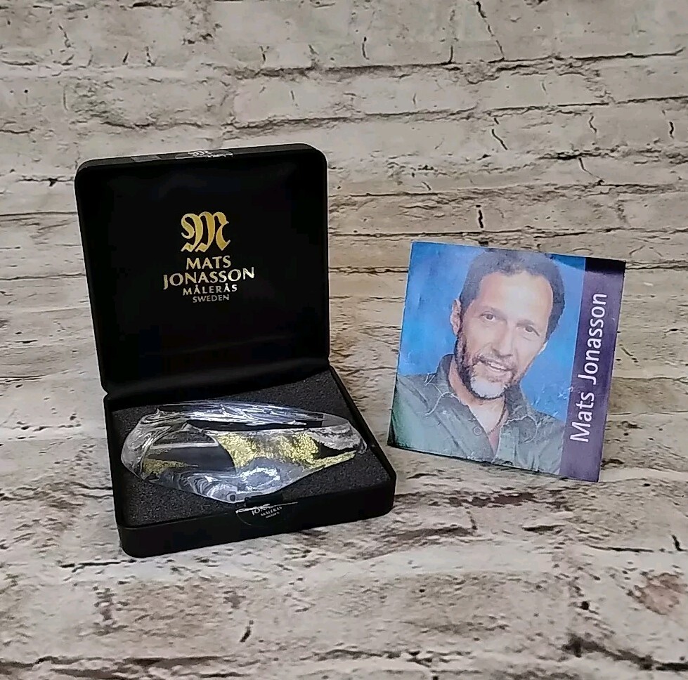 Dolphins Swimming Etched Crystal Sculpture by Mats Jonasson Paperweight